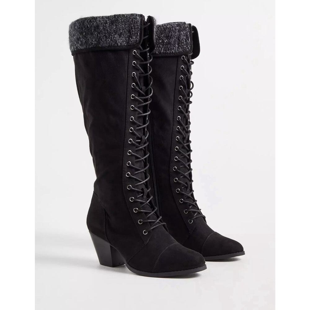 Torrid Black Boots Faux Suede Wrap Knee Lace Up Heeled Black, Sz 9WW